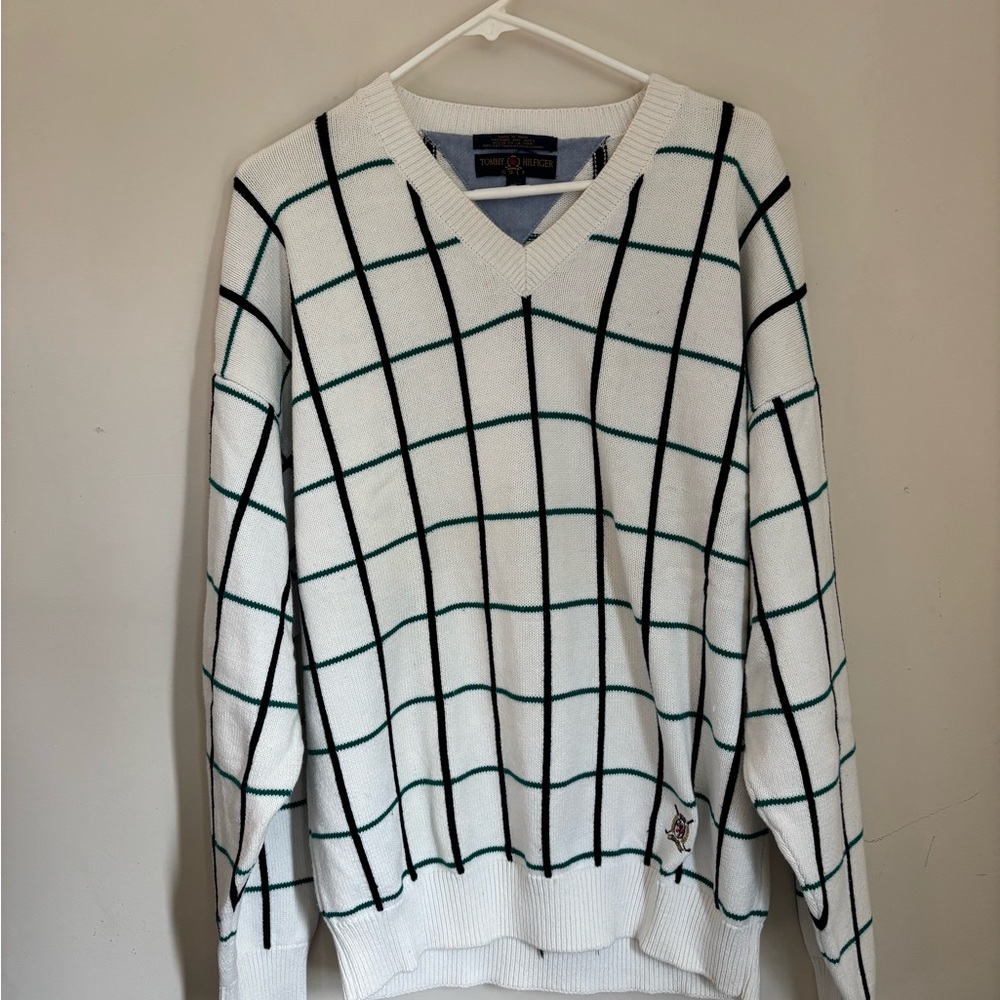 Vintage Tommy Hilfiger Golf V-Neck Black and White Sweater